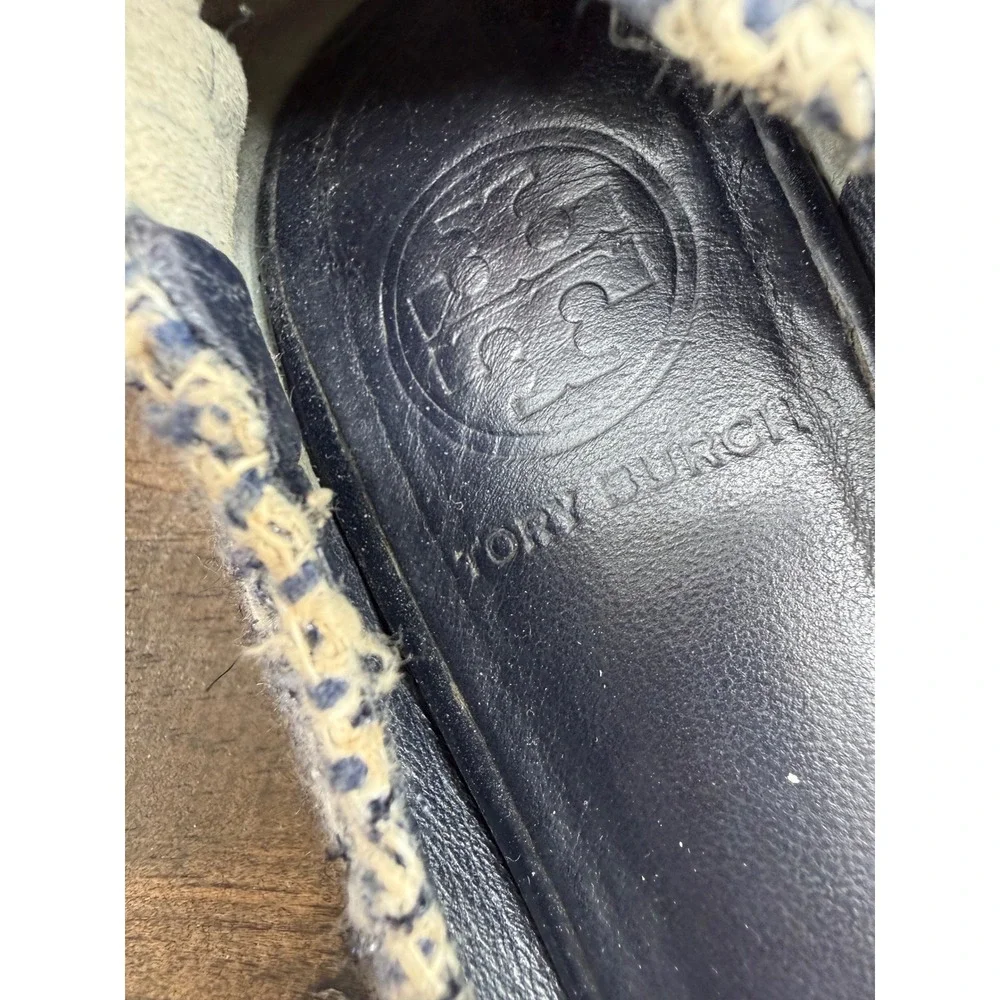 Tory Burch Reva Tweed Ballet Flats Blue Ivory Gold Logo Cap Toe Size 7